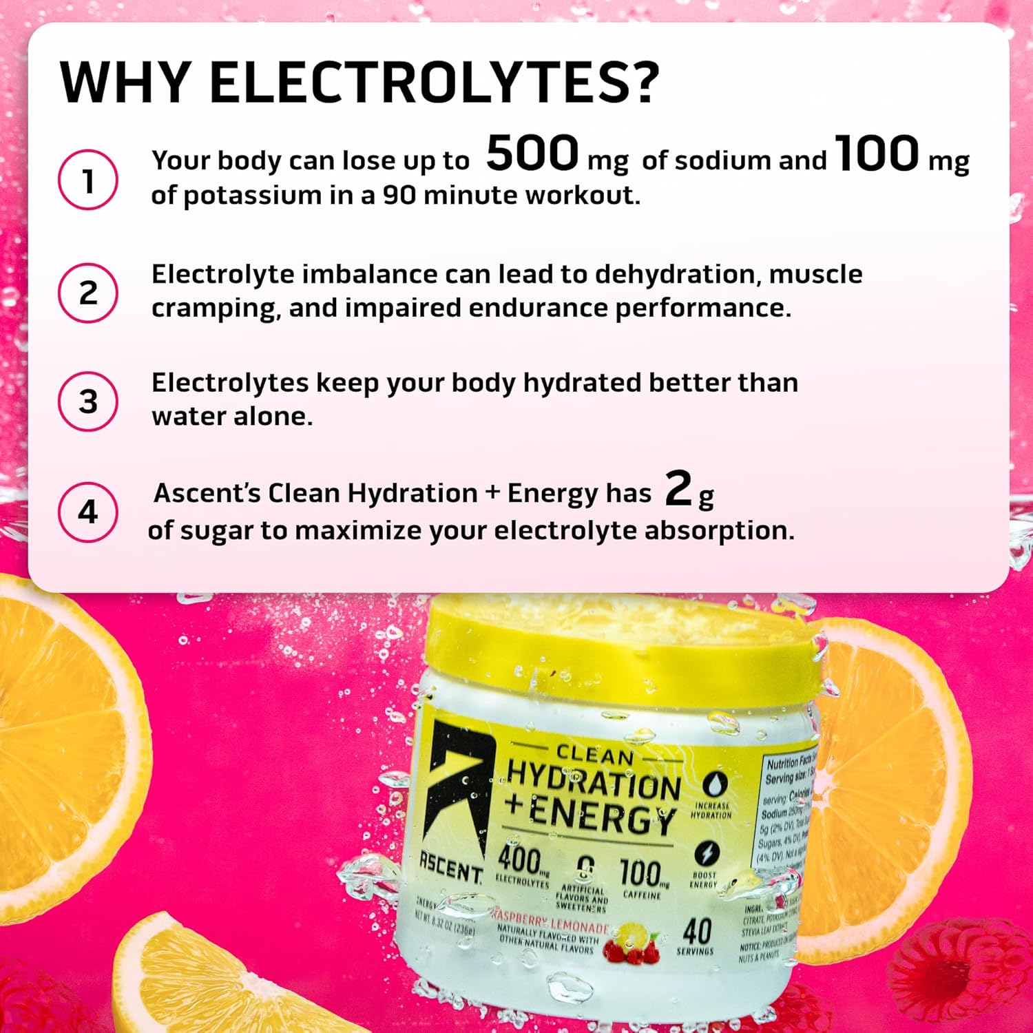 Ascent Clean Hydration + Energy Electrolytes Powder - 100Mg Caffeine, 400Mg Electrolytes, No Artificial Ingredients, Citrus 40 Servings