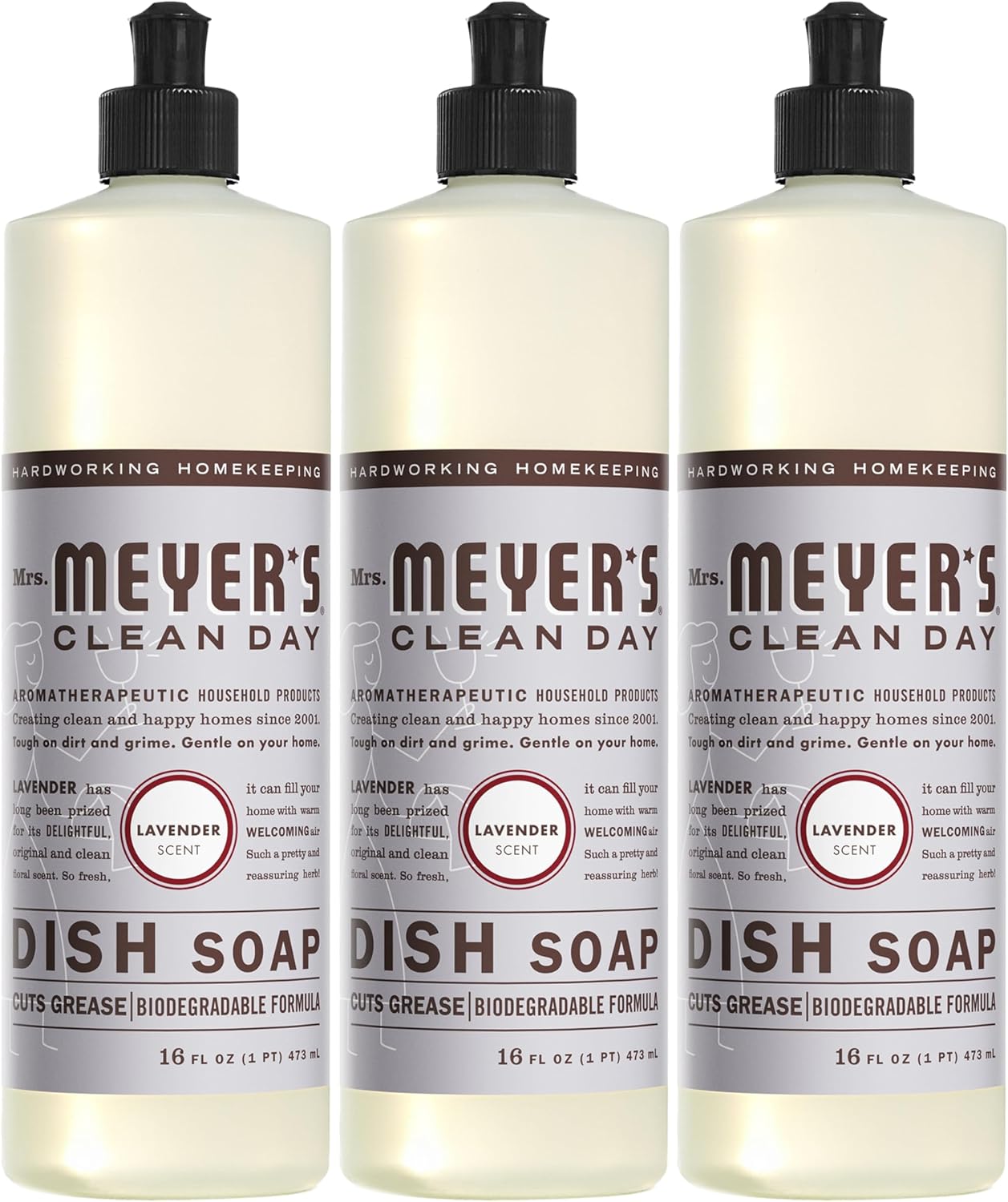 MRS. MEYER'S CLEAN DAY Liquid Dish Soap, Biodegradable Formula, Lavender, 16 fl. oz - Pack of 3