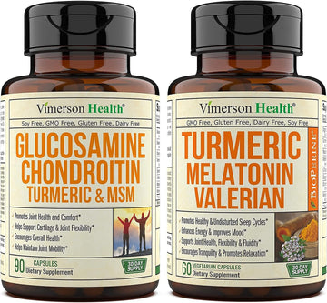 Vimerson Health Glucosamine Chondroitin MSM Boswellia + Turmeric Melatonin Valerian Bundle. Joint Discomfort Relief, Balanced Inflammatory Response and Stress Relief