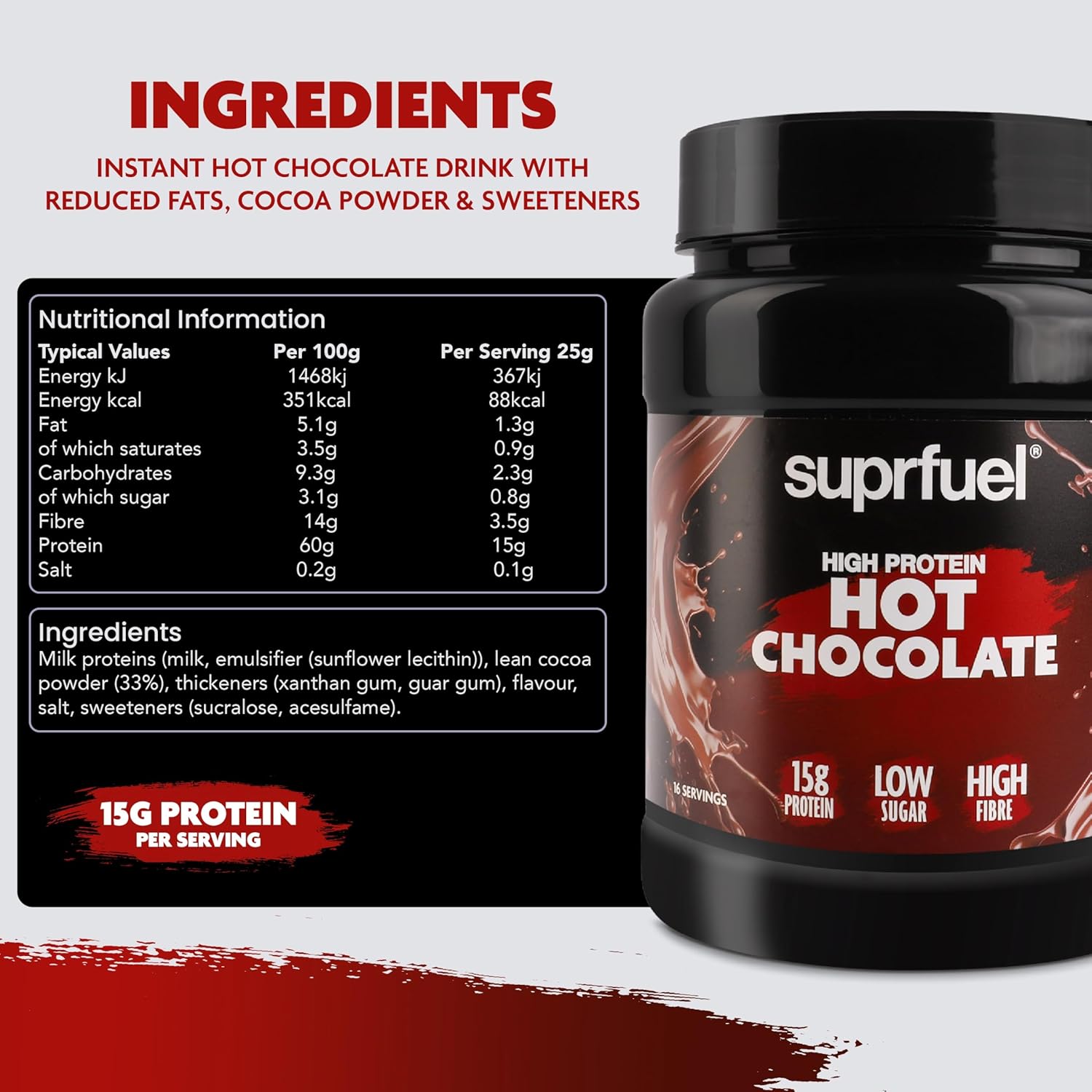 Suprfuel High Protein Hot Chocolate Powder – 400g - 15g Protein, Only 0.8g Sugar - Low Carb, Low Calorie - Instant Hot Chocolate Mix with Lean Cocoa Powder : Amazon.co.uk: Health & Personal Care