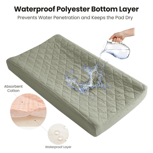Konssy Waterproof Muslin Changing Pad Cover 2 Pack, Quilted Cotton Fitted Diaper Chang Table Cover, Soft Changing Pad Sheets For Girls Boys (Fog Green,Cream)