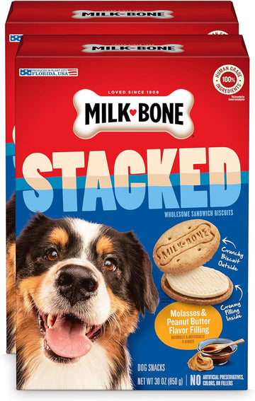 Milk-Bone Stacked Dog Treats, 30 Ounce (Pack Of 2), Crunchy Biscuit With Molasses And Peanut Butter Creamy Filling