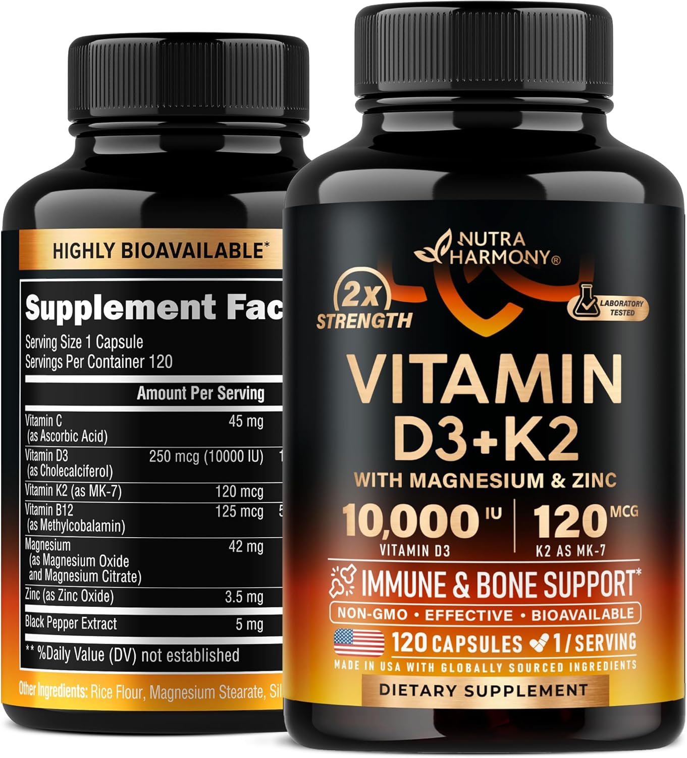 Vitamin D3 K2 - Vitamin D3 10000 Iu & K2 As Mk-7 120 Mcg - Immune & Mood Support, For Bone & Teeth Health - With Magnesium, Zinc & Vitamin C & B12 - Highly Bioavailable - Made In Usa, 240 Capsules