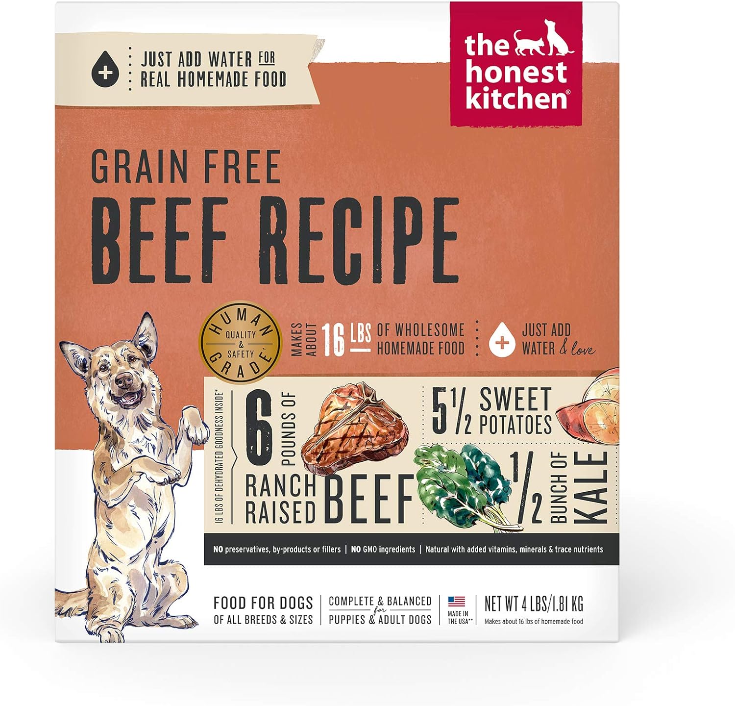 The Honest Kitchen Human Grade Dehydrated Grain Free Dog Food – Complete Meal Or Dog Food Topper – Beef 4 Lb (Makes 16 Lbs)