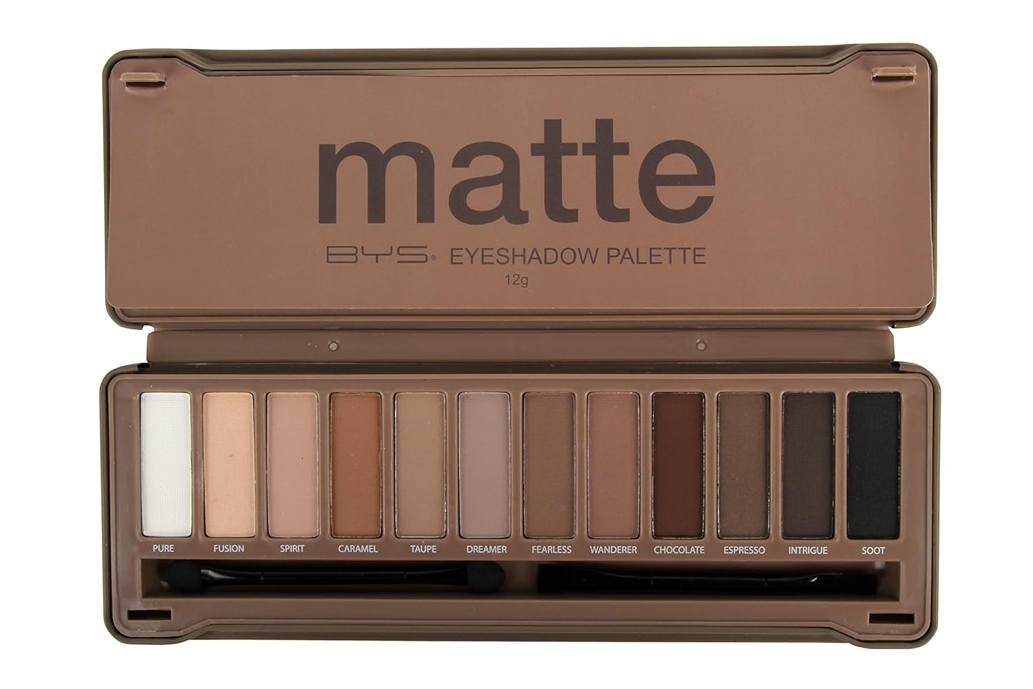 Bys 12 Shade Matte Eyeshadow Palette Tin Collection With Mirror, Double Ended Applicator And Blender, Nude And Smoke