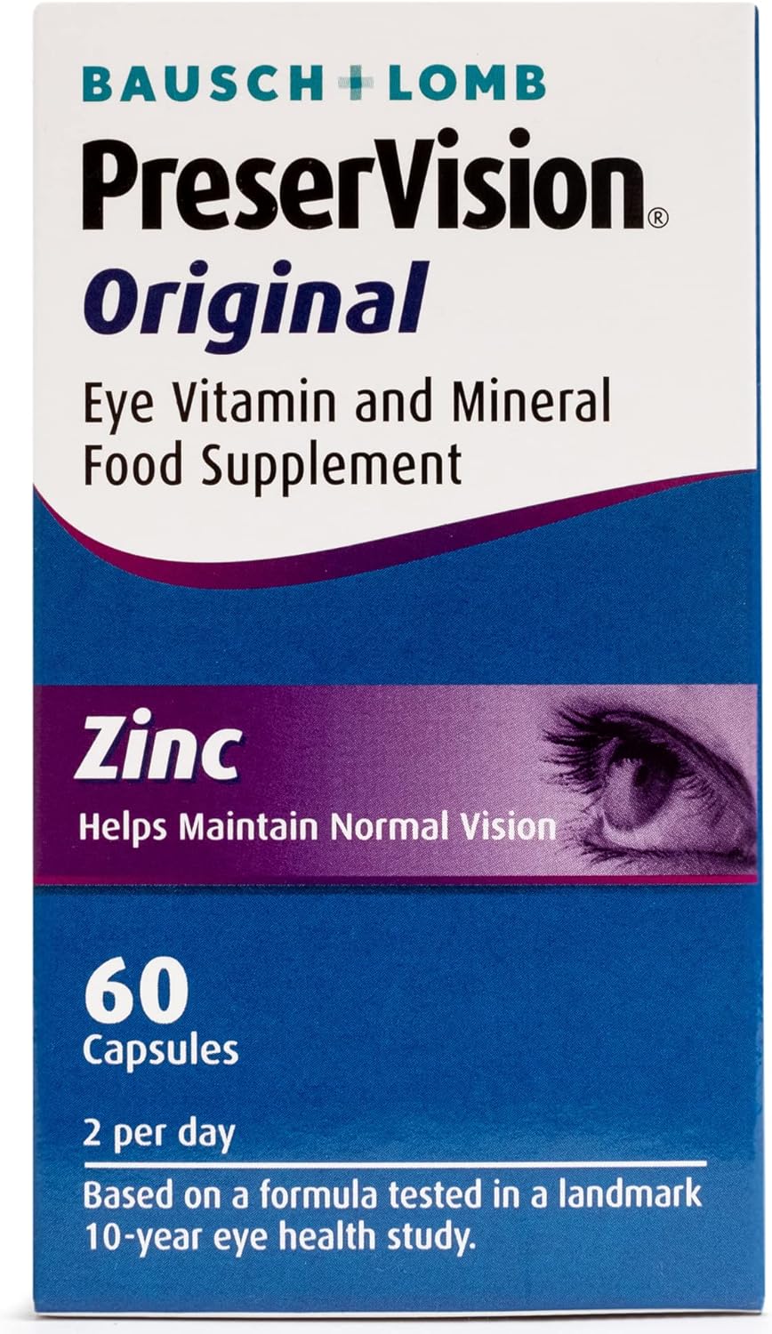 PreserVision Original by Bausch + Lomb, Eye Vitamin and Mineral Food Supplement, Zinc, Copper and Vitamin C, E and A, Two Eye Supplement Soft Gel Capsules per Day : Amazon.co.uk: Health & Personal Care