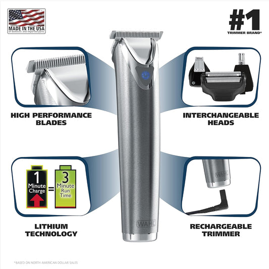 Wahl Usa Stainless Steel Lithium Ion 2.0+ Beard Trimmer For Men - Electric Shaver & Nose Ear Trimmer - Rechargeable All In One Men'S Grooming Kit - Model 9864Ss