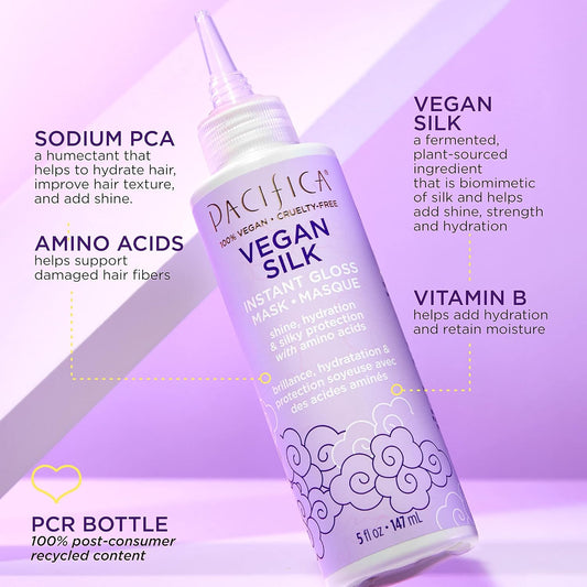 Pacifica Beauty Vegan Silk Instant Gloss Mask For Dry & Damaged Hair, Vitamin B + Amino Acids, Conditioning Treatment, Glass Hair, Cruelty Free, 100% Vegan, Clear, Vanilla, 5 Fl Oz