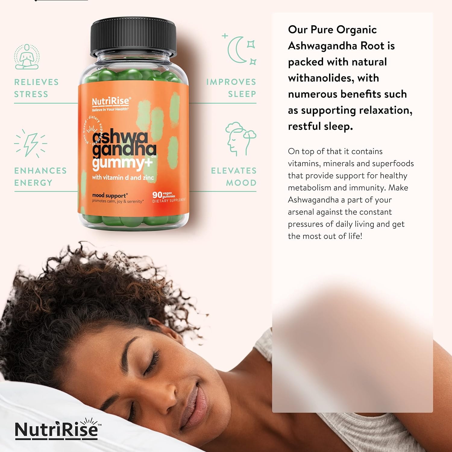 Nutririse High Potency Ashwagandha Gummies with Vitamin D, Zinc, Supports Natural Relaxation, Sleep & Immunity, Spinach Powder Superfood, 30:1 Concentrated Root Extract Equivalent to 2250 mg, 90 Count : Health & Household