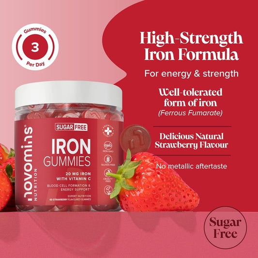 20Mg Iron Gummies With 24Mg Vitamin C - 1 Month Supply - Sugar Free - Immune System & Energy Booster - Alternative To High Strength Tablets - Iron Supplements For Women & Men - Novomins