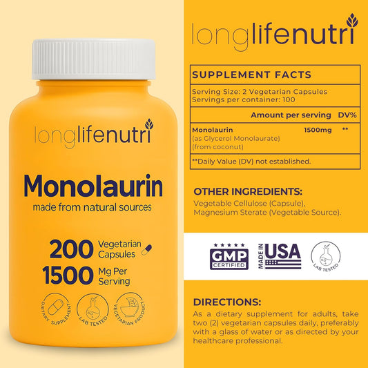Monolaurin 1500Mg - Potent Glycerol From Coconut, 200 Vegetarian Capsules, Organic Supplement For Gut Balance & Natural Defense, 100-Day Supply, Gmp Certified, Made In Usa
