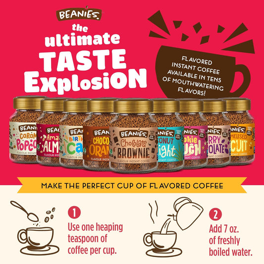 Beanies Flavour Instant Coffee - Creamy Caramel Instant Flavored Coffee - Bold & Adventurous Full-On Flavor - An Indulgent Sugar Free Taste Explosion - Low Calorie - Vegan & Gluten Free - Wheat & Dairy Free, 50g jar