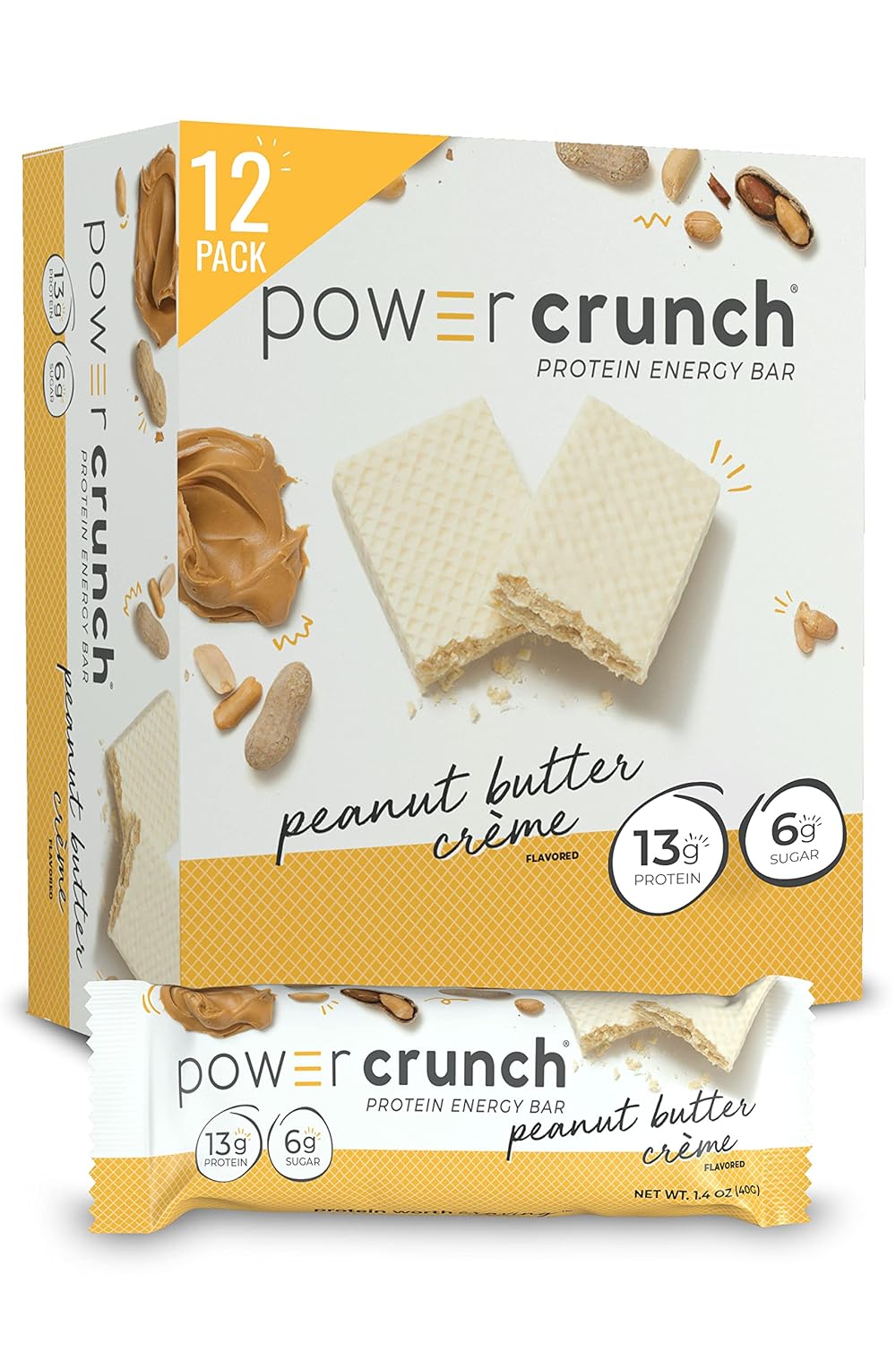 Power Crunch Protein Wafer Bars, High Protein Snacks With Delicious Taste, Peanut Butter Crème, 1.4 Ounce (12 Count)