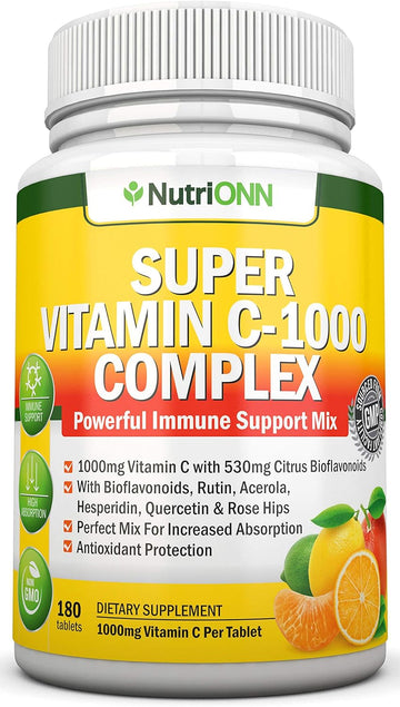 Super Vitamin C Complex - 1695Mg - 180 Tablets - With 530 mg Natural Citrus Bioflavonoids, Rose Hips, Rutin, Quercetin & Hesperidin For Increased Absorption - Advanced Immune Support - Non-GMO