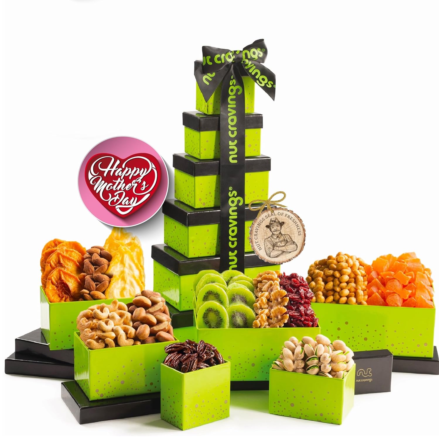 Nut Cravings Gourmet Collection - Mothers Day Dried Fruit & Mixed Nuts Gift Basket Green Tower + Ribbon (12 Assortments) Arrangement Platter, Birthday Care Package - Healthy Kosher