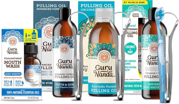 Gurunanda Advanced Formula Oil Pulling With Tongue Scraper, Original Oil Pulling, Cocomint - Coconut And Peppermint Oil Pulling & Concentrated Mouthwash- For Fresh Breath & Healthy Teeth & Gums