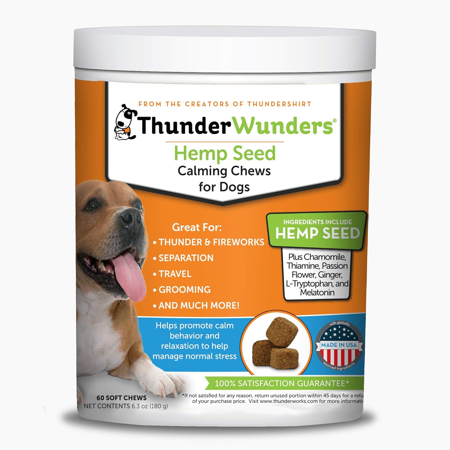 ThunderWunders Hemp Dog Calming Chews | Vet Recommended for Situational Anxiety | Fireworks, Thunderstorms, Travel & More | Made with Hemp Seed, Thiamine, L-Tryptophan, Melatonin & Ginger (60 Count)