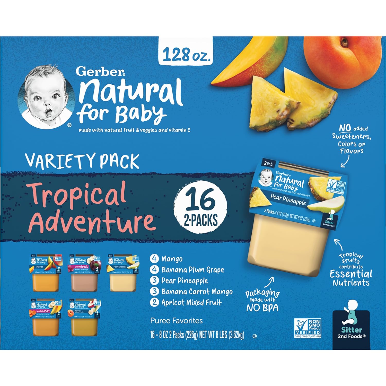 Gerber 2Nd Foods Natural For Baby Tropical Adventure Baby Food, Variety Pack, 4 Oz Tubs (32 Pack)