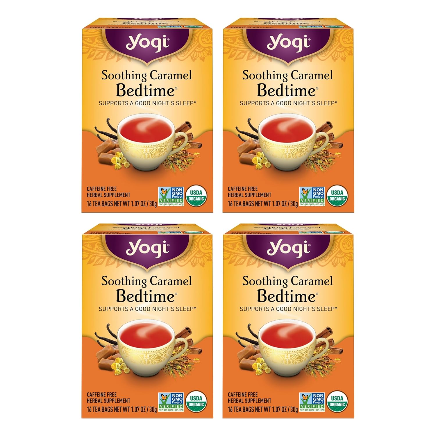 Yogi Tea Soothing Caramel Bedtime Tea - 16 Tea Bags Per Pack (4 Packs) - Calming Sleep Tea - Supports Good Sleep - Includes Chamomile Flower, Rooibos Leaf, Roasted Chicory Root & More