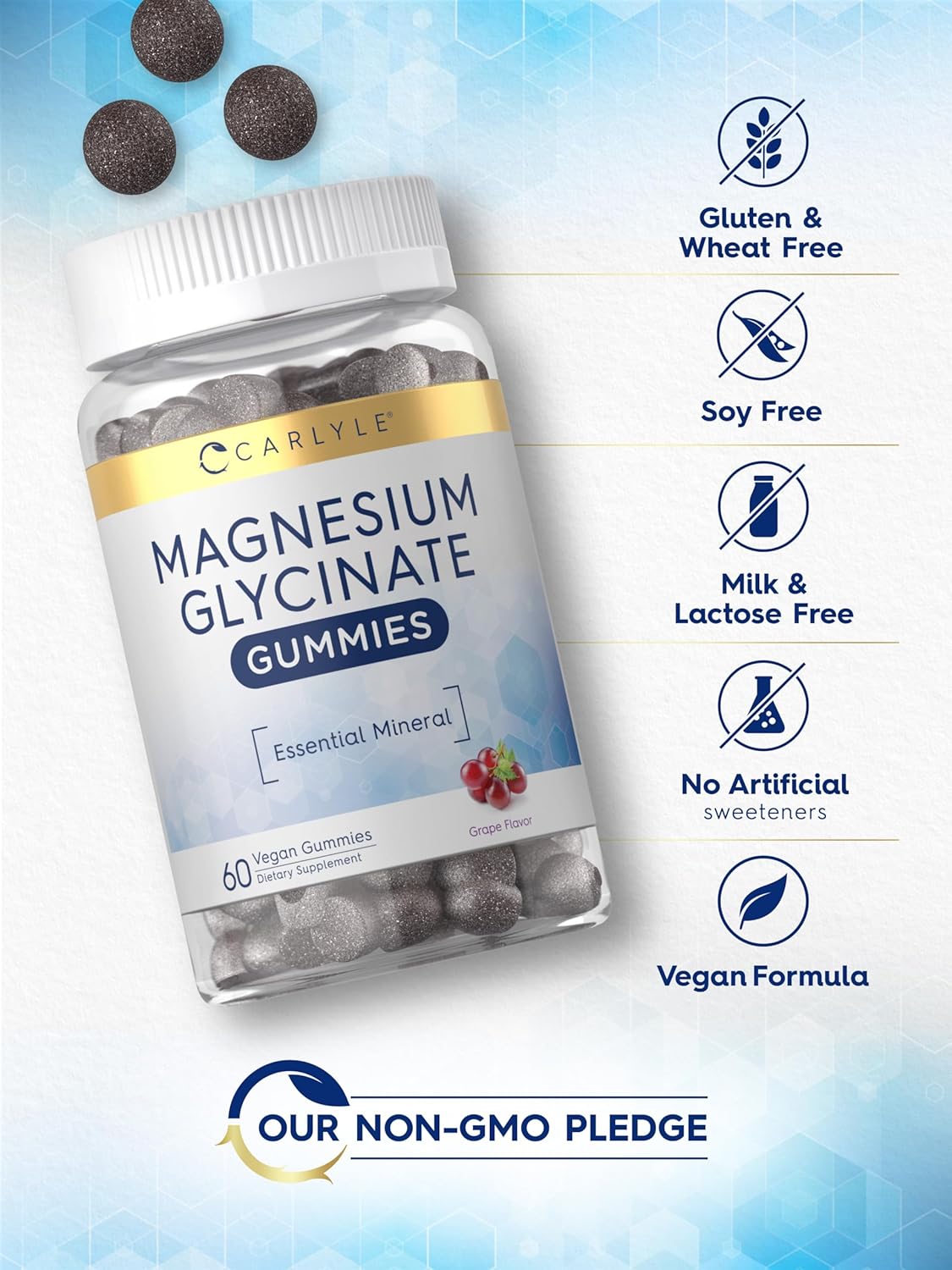 Carlyle Magnesium Glycinate Gummies | 60 Count | Grape Flavor | Vegan, Non-GMO, Gluten Free Supplement : Health & Household