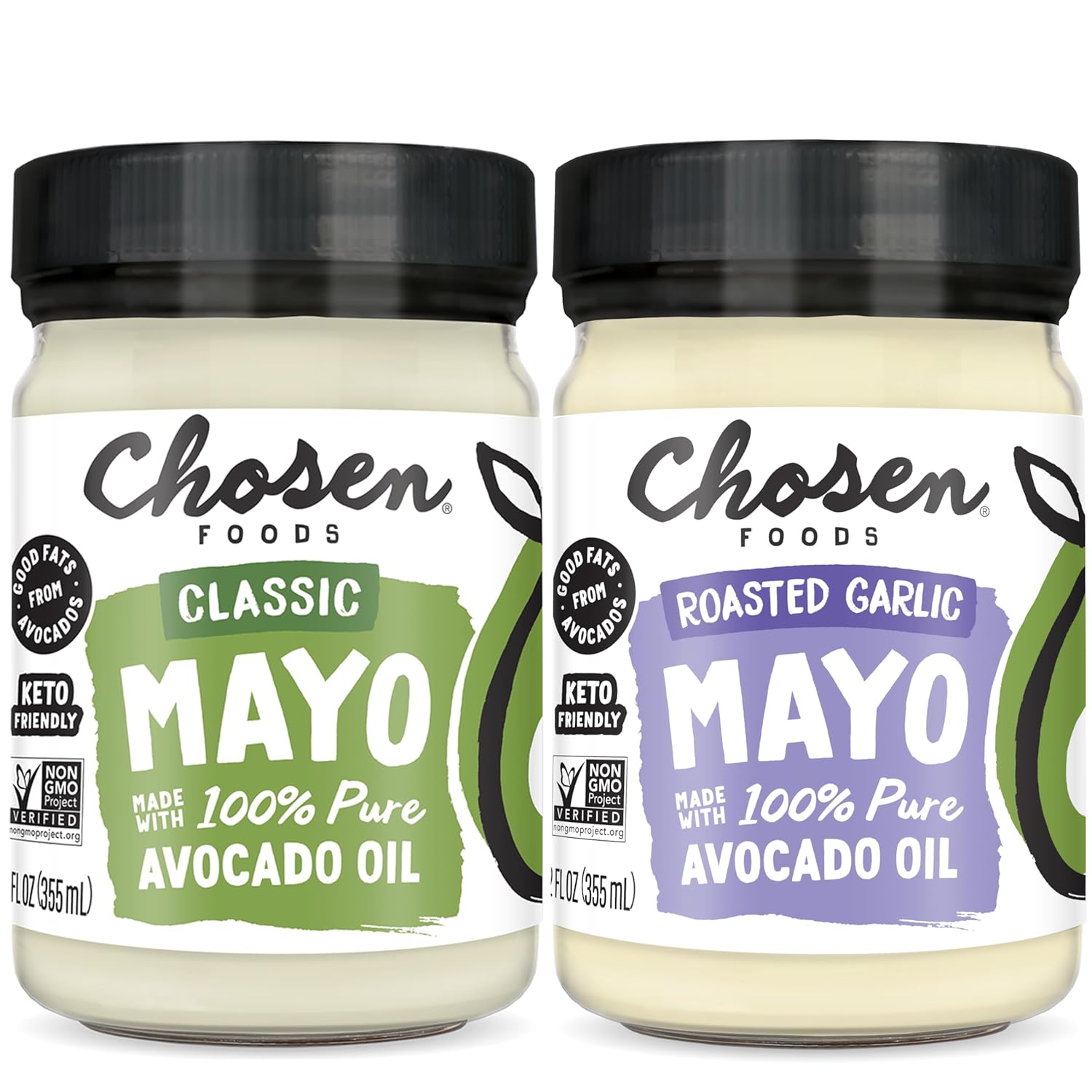 Chosen Foods 100% Pure Avocado Oil-Based Classic Mayonnaise + Roasted Garlic Mayonnaise, 12Oz 2-Pack Bundle