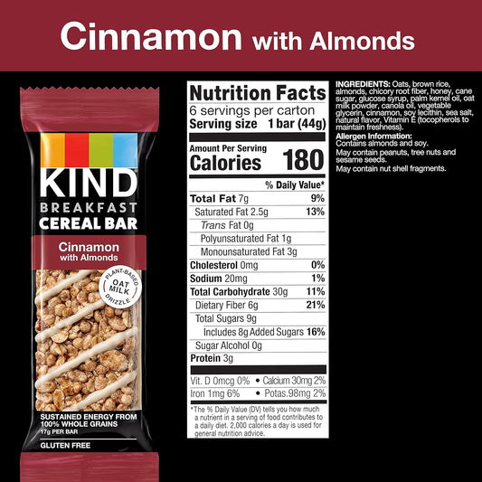 Kind Breakfast Cereal Bars, Gluten Free Snacks, Cinnamon With Almonds, 9.3Oz Box (36 Bars)