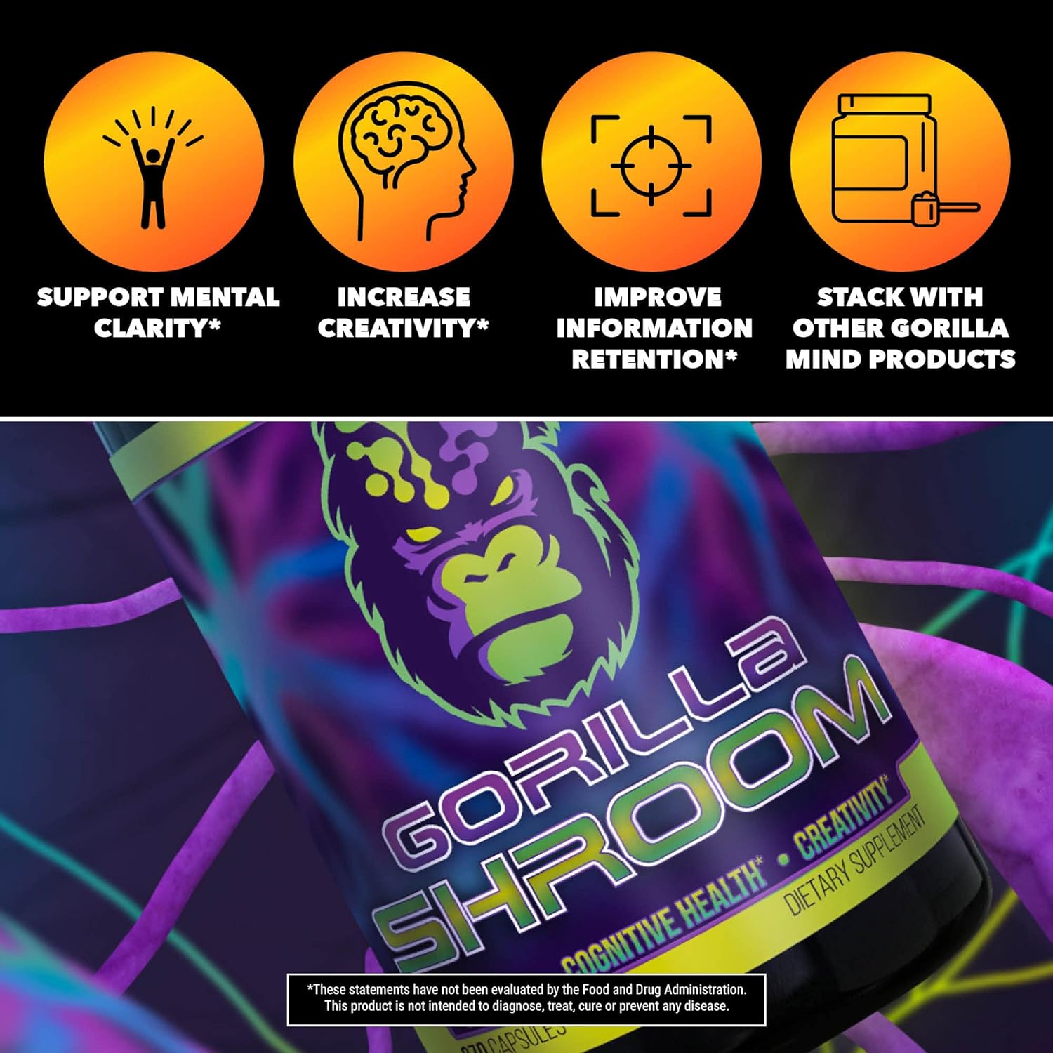 Gorilla Shroom Nootropic Mushroom Supplement (6700mg) - 270 Capsules / Lion’s Mane, Cordyceps, Reishi, Maitake / Increased Energy / Improved Immune Modulation / Enhanced Cognitive Functioning : Health & Household