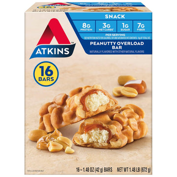 Atkins Snack Bar, Peanutty Overload, 8g Protein, 7g Fiber, 3g Net Carbs, Keto Friendly, 16 Count