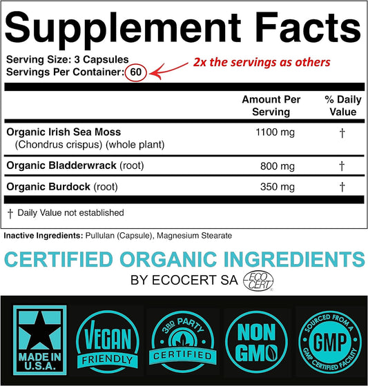 Certified Organic Sea Moss Capsules 2250Mg Wildcrafted Irish Sea Moss Burdock Root Bladderwrack Supplement For Energy Gut Health Skin & Joint Support Raw Seamoss Pills & Powder (Pack Of 1 At 180-Caps)