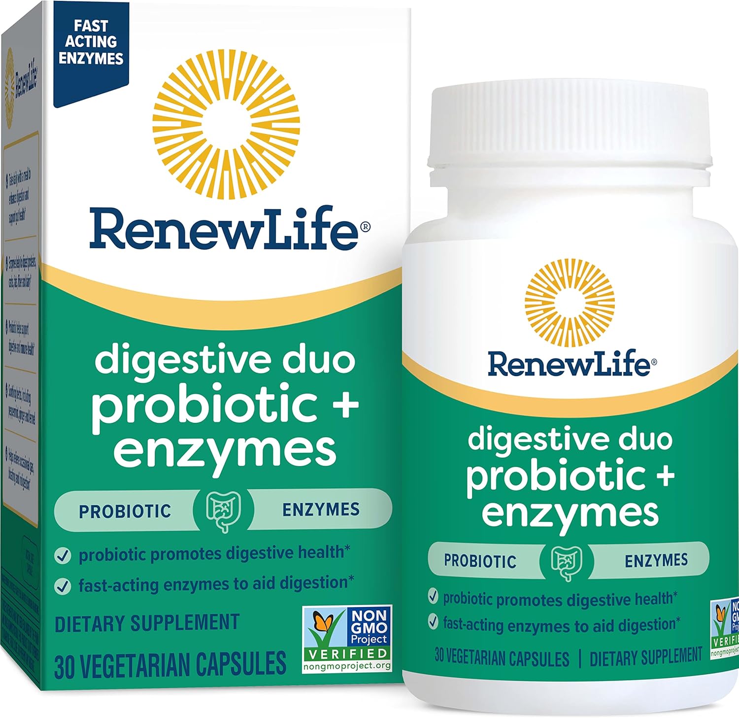 Renew Life Digestive Duo Probiotic And Enzymes Vegetarian Capsules, Probiotic Promotes Digestive Health, Fast-Acting Enzymes Aid Digestion, With Soothing Herbs - 30 Count