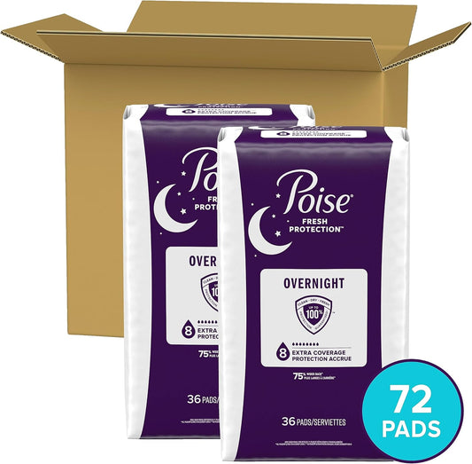 Poise Incontinence Pads & Postpartum Overnight Incontinence Pads, 8 Drop Extra Coverage, 72 Count (2 Packs Of 36), Packaging May Vary