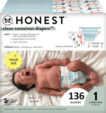 The Honest Company Clean Conscious Diapers | Plant-Based, Sustainable | Dots & Dashes + Multi-Colored Giraffes | Super Club Box, Size 1 (8-14 Lbs), 136 Count