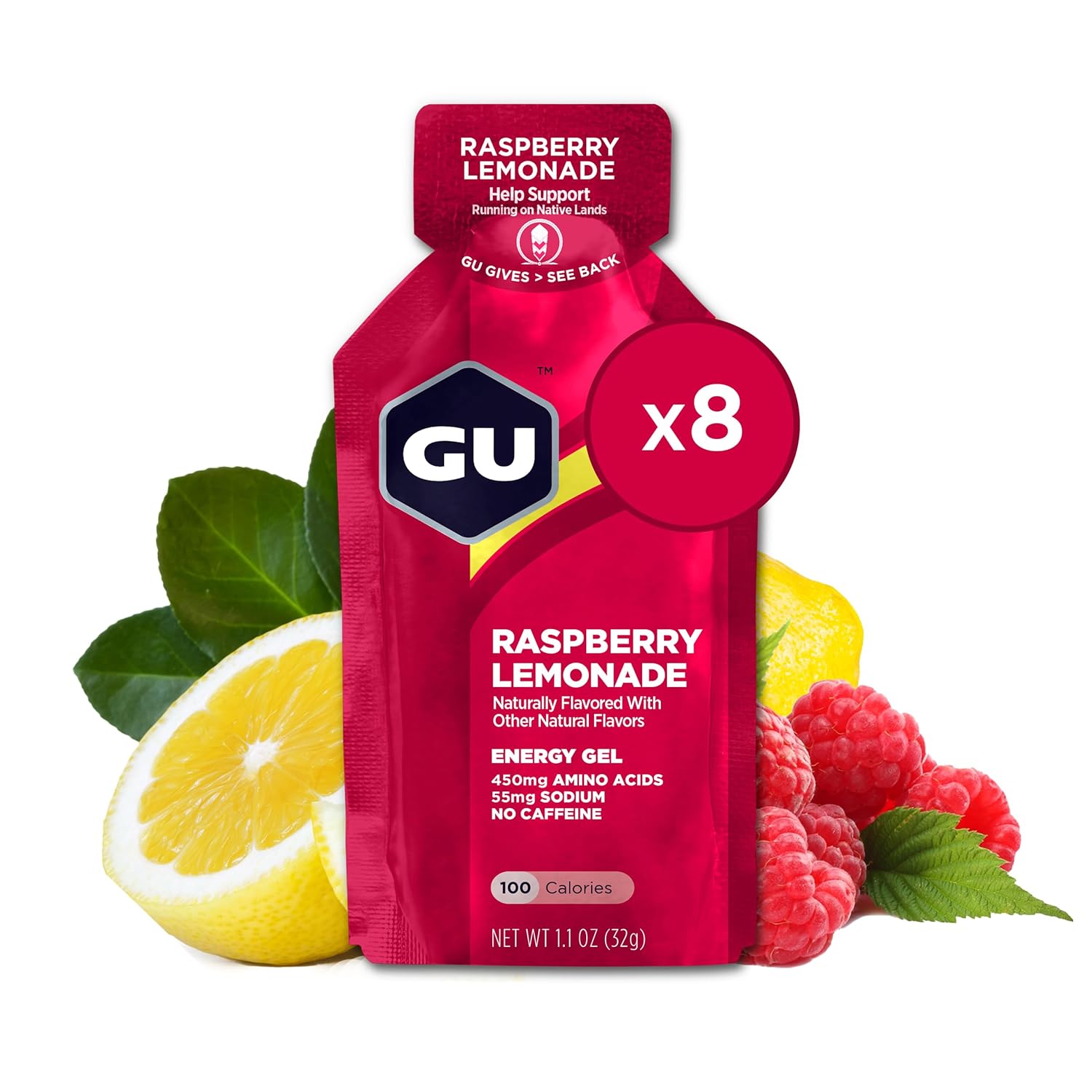 Gu Energy Original Sports Nutrition Energy Gel, 8-Count, Vegan, Gluten-Free, Kosher, And Dairy-Free On-The-Go Energy For Any Workout, Raspberry Lemonade