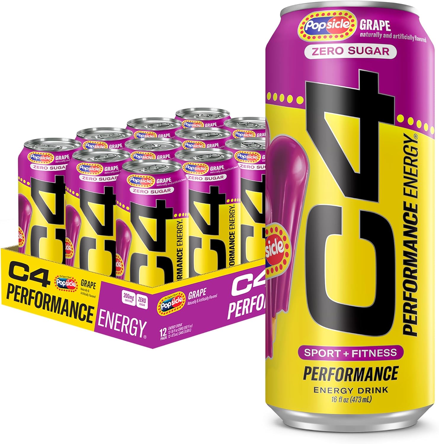 C4 Energy Drink X Grape Popsicle, Carbonated Sugar Free Pre Workout Performance Drink With No Artificial Colors Or Dyes, 16 Oz, Pack Of 12