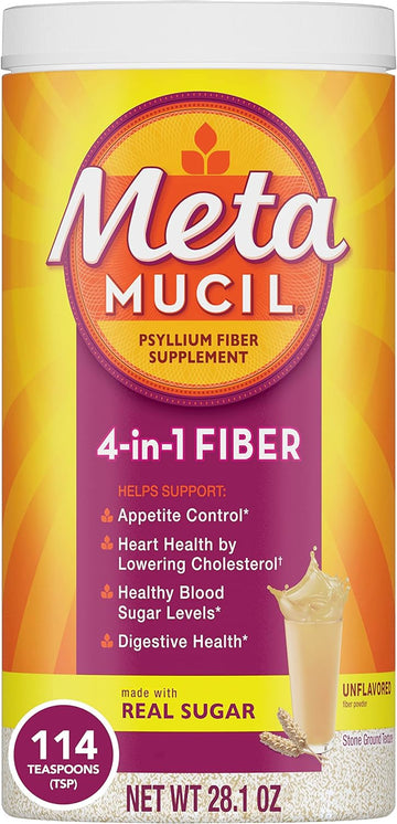 Metamucil, Daily Psyllium Husk Powder Supplement with Real Sugar, 4-in-1 Fiber for Digestive Health, Unflavored Fiber Powder, Stone Ground Texture, 114 Servings