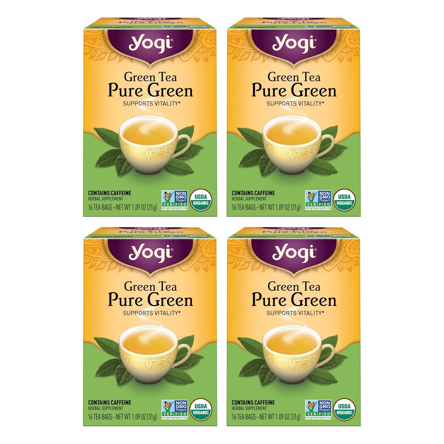 Yogi Tea Green Tea Pure Green Tea - 16 Tea Bags Per Pack (4 Packs) - Organic Green Tea - Supports Overall Health & Provides Antioxidants - Made From Organic Green Tea Leaf