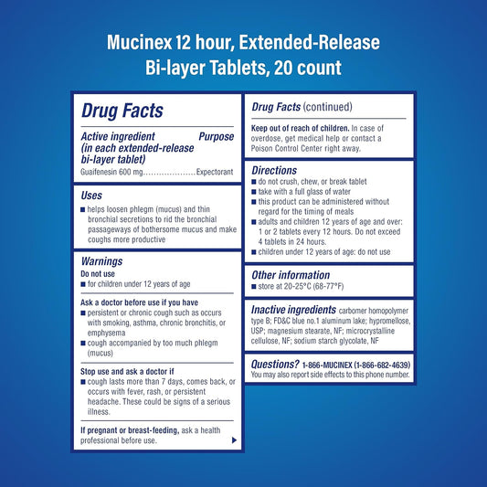 Mucinex Chest Congestion, Expectorant 12 Hour Extended Release Tablets, 20ct, 600mg Guaifenesin with Extended Relief of Chest Congestion Caused by Excess Mucus. Thins and Loosens Mucus