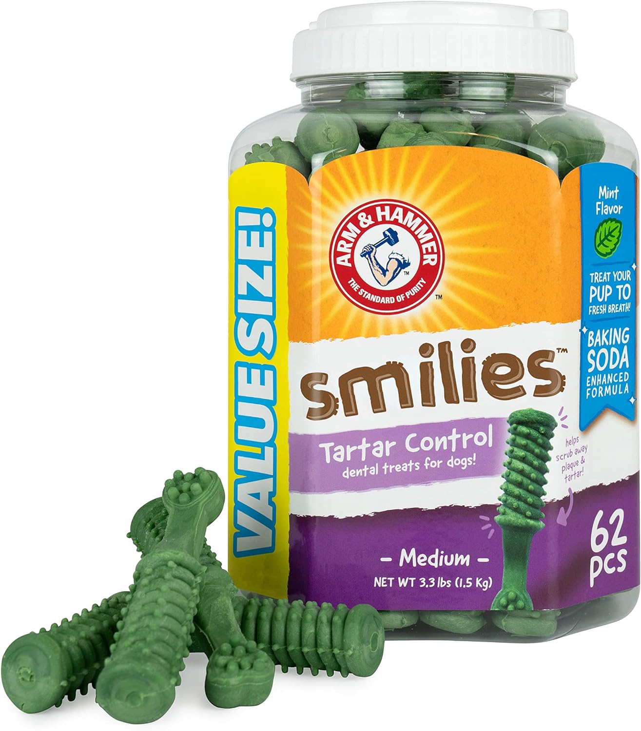 Arm & Hammer for Pets Smilies Tartar Control Dental Treats for Dogs, Value Pack, 62 Pieces | Dog Dental Chews Fight Bad Breath, Plaque & Tartar Without Brushing | Fresh Mint Flavor