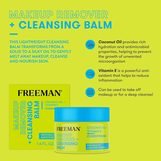Freeman Makeup Remover + Cleansing Balm, Moisturizing & Nourishing Makeup Remover Balm, Coconut Oil & Vitamin E, Gently Removes Tough Makeup & Cleanses, 1.4 Fl.Oz./ 42 Ml Jar, 1 Count
