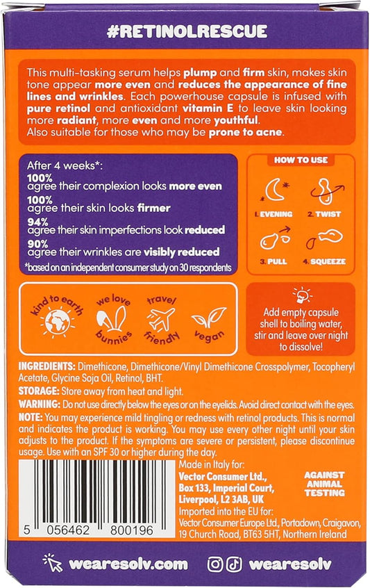 Solv Retinol Plus+ Serum - 28 Capsules. Evens Skin Tone, Anti-Wrinkle + Firming, Great For Acne + Blemish Prone Skin