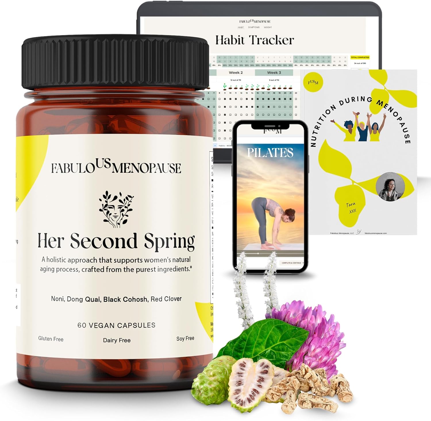 Kit Supplements for Women. Black Cohosh, 60 Caps. Includes E-Book, Recipes, Tracker and Pilates Videos. Perimenopause Relief Menopause Support Vitamins Cooling Menopause Relief