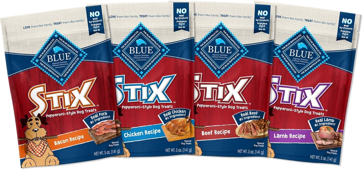 Blue Buffalo Stix Natural Soft-Moist Dog Treats, Beef, Bacon, Lamb, And Chicken 5-Oz Variety Pack, 4 Count