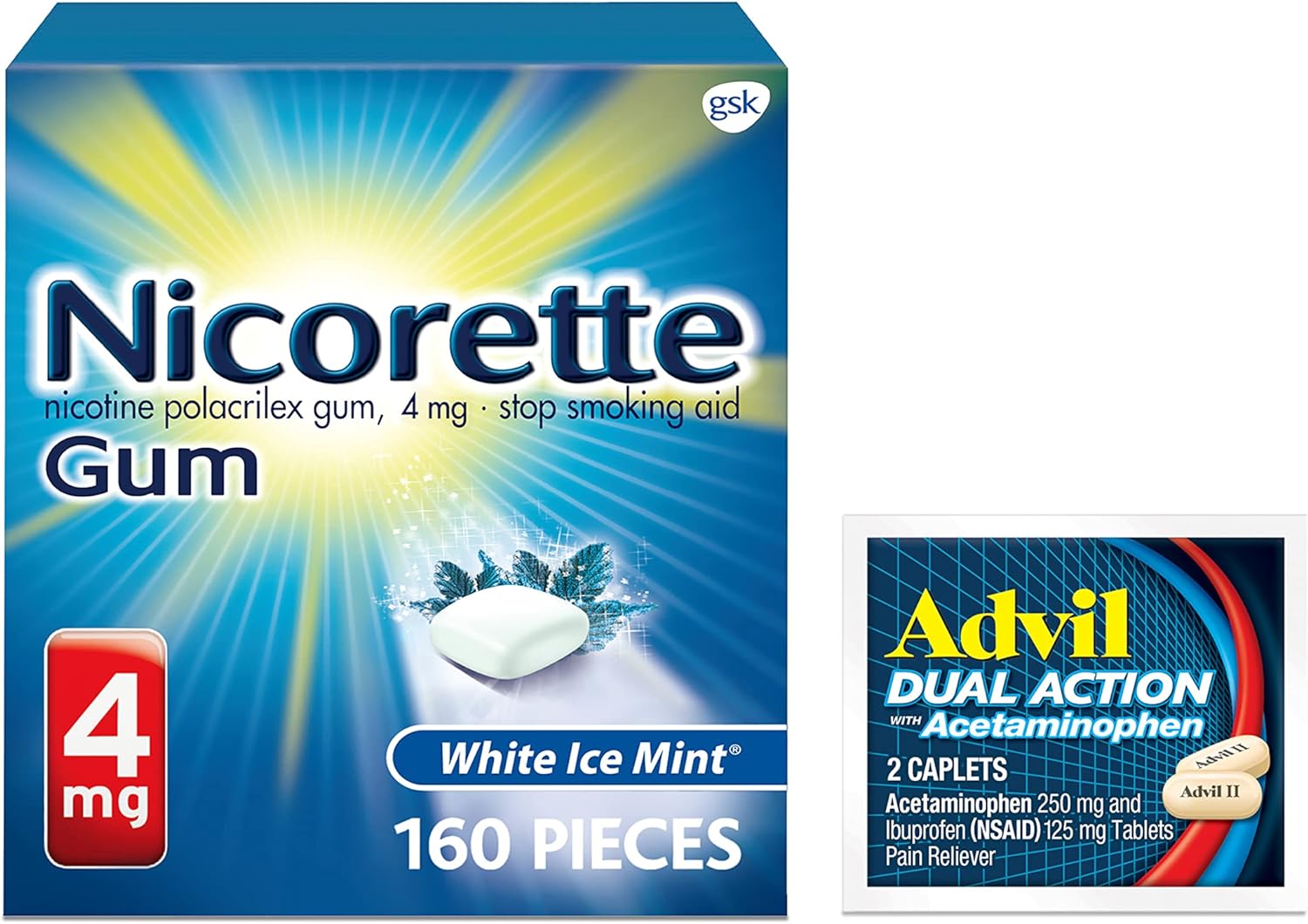 Nicorette 4 Mg Nicotine Gum To Help Quit Smoking - White Ice Mint Flavored Stop Smoking Aid, 1-Pack, 160 Count, Plus Advil Dual Action Coated Caplets With Acetaminophen, 2 Count