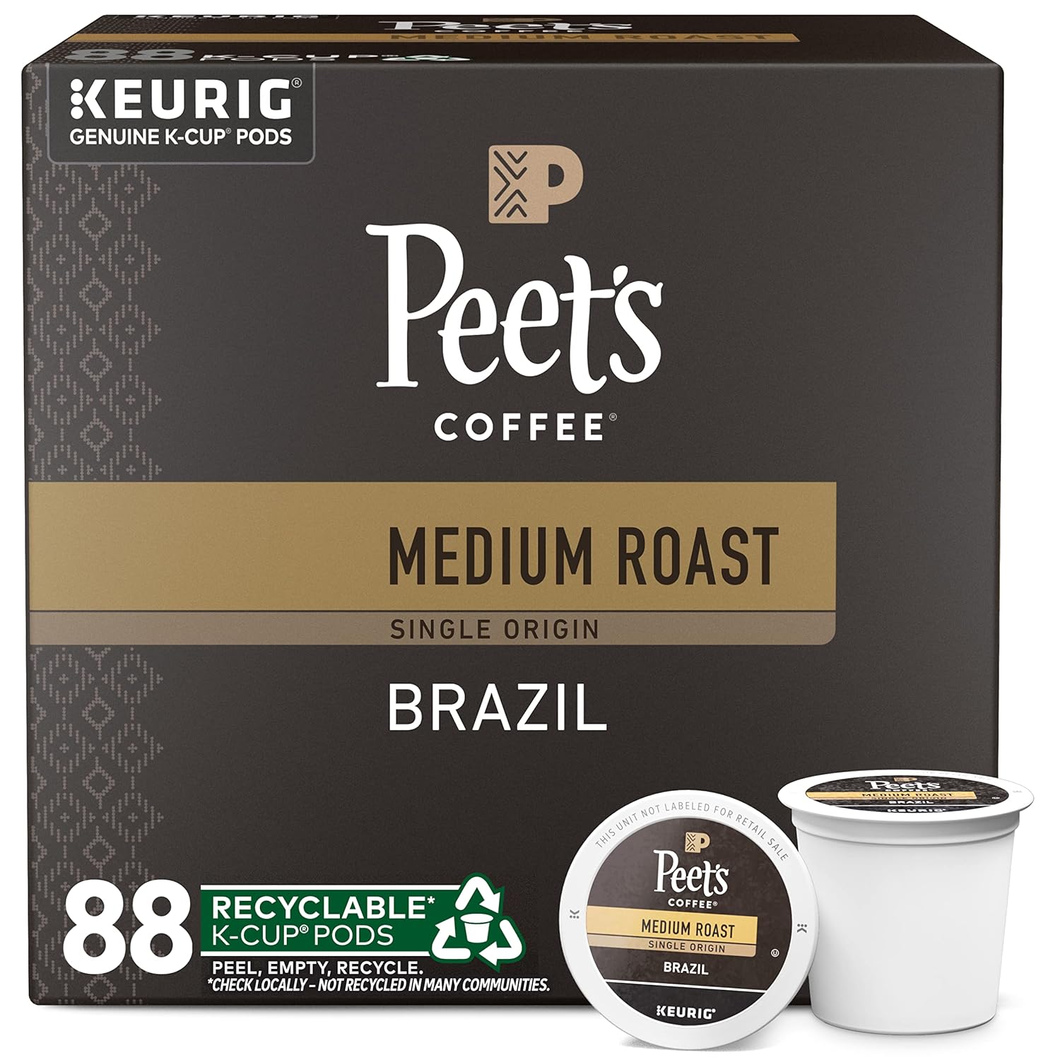 Peet's Coffee, Medium Roast K-Cup Pods for Keurig Brewers - Single Origin Brazil 88 Count (4 Boxes of 22 K-Cup Pods)