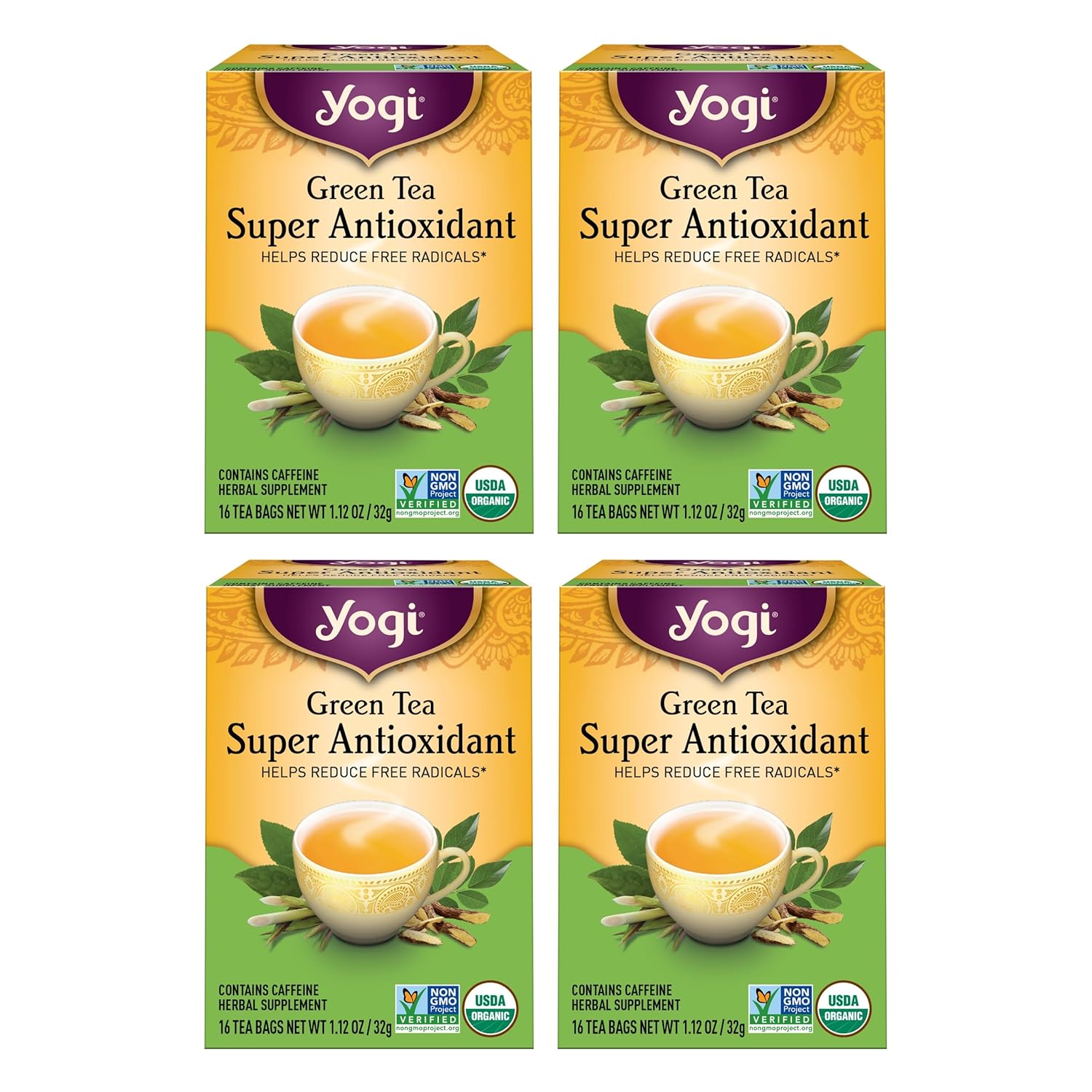 Yogi Tea Green Tea Super Antioxidant Tea - 16 Tea Bags Per Pack (4 Packs) - Organic Green Tea For Antioxidant Support - Includes Green Tea Leaf, Licorice Root, Jasmine Green Tea Leaf & More