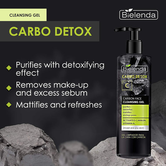 Bielenda Carbo Detox - Purifies With Detoxifying Effect - Removes Make-Up And Excess Sebum - Mattifies And Refreshes The Skin - Carbo Detox Carbon Face Cleansing Gel For Mixed And Oily Skin - 195G