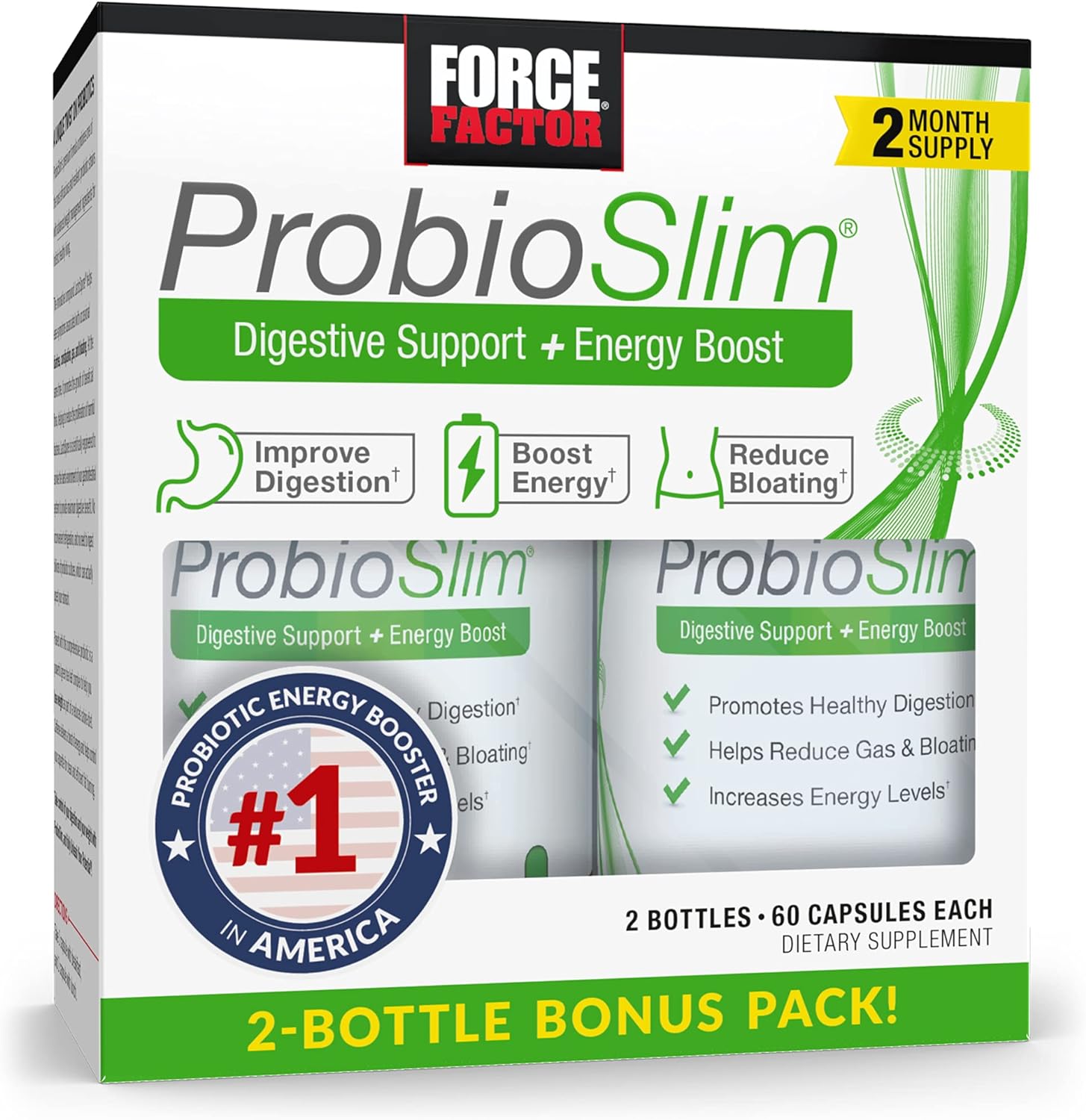 FORCE FACTOR ProbioSlim Probiotic Supplement for Women and Men with Probiotics and Green Tea Extract, Reduce Gas, Bloating, Constipation, Support Digestive and Gut Health, 120 Capsules (Twin Pack)