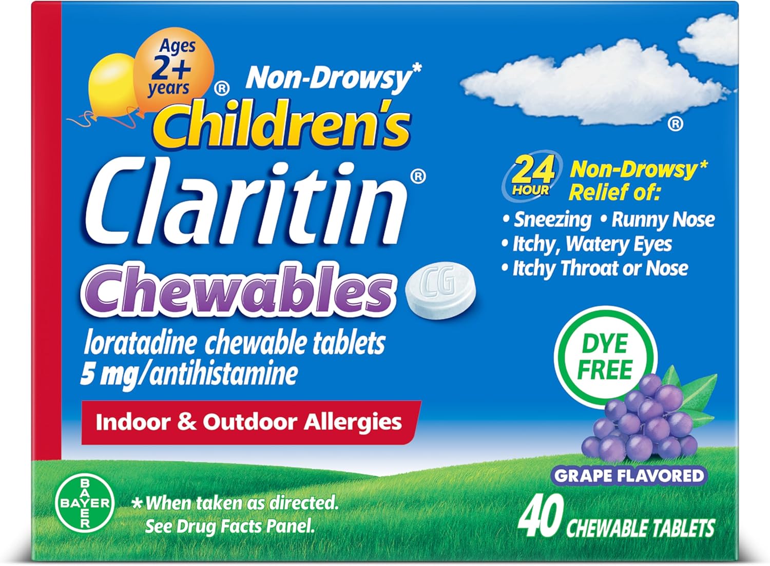 Claritin Children'S Allergy Medicine, 24-Hour Non-Drowsy Loratadine 5Mg Chewable Tablet, Antihistamine For Kids Ages 2 Years And Older, Grape Flavored, 40 Tablets
