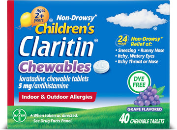 Claritin Children'S Allergy Medicine, 24-Hour Non-Drowsy Loratadine 5Mg Chewable Tablet, Antihistamine For Kids Ages 2 Years And Older, Grape Flavored, 40 Tablets