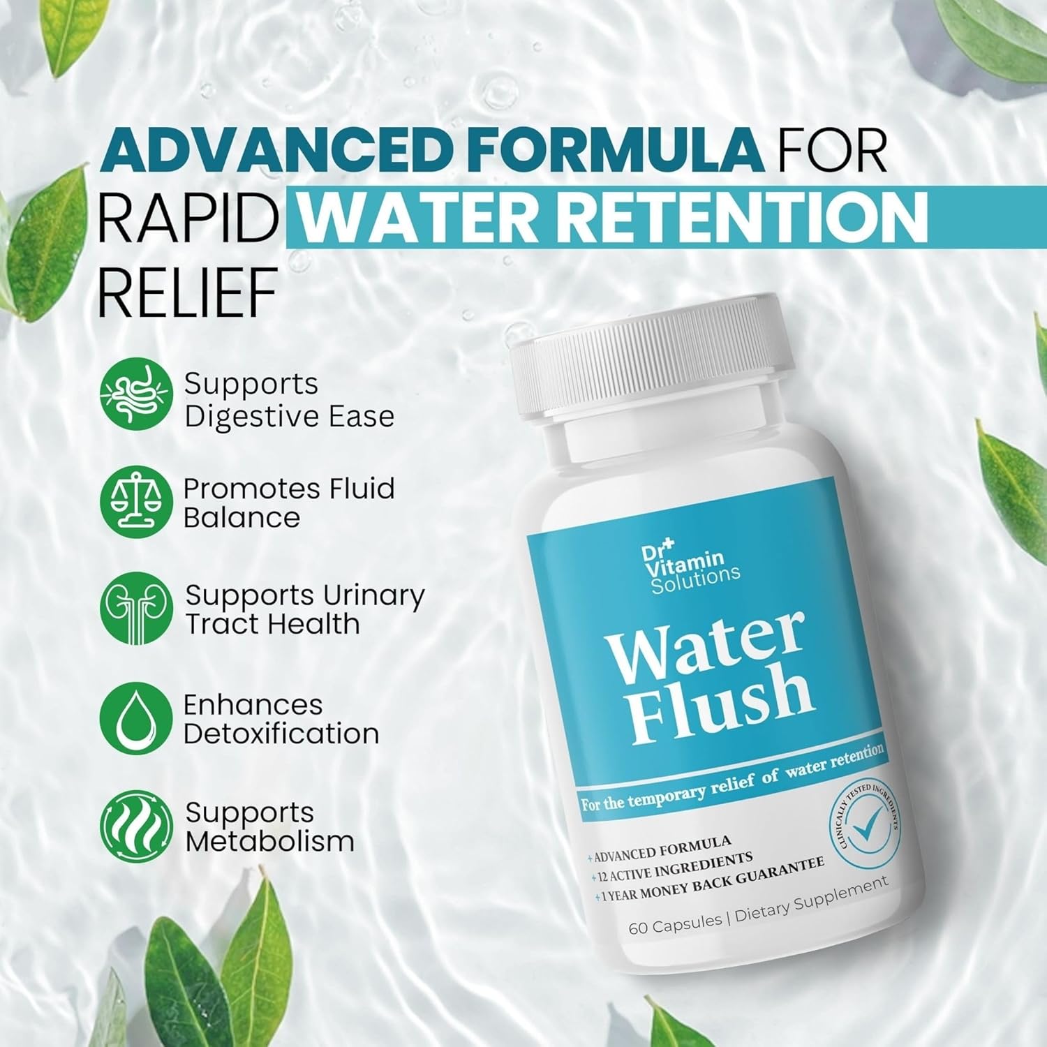 Dr Vitamin Solutions Diuretic Water Pills For Weight Control - Instant Natural Relief From Bloat And Swelling - Green Tea, Cranberry, Dandelion Leaf Extract - Water Retention Pills - 120 Capsules : Health & Household